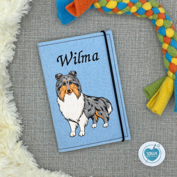 Designbeispiel der Impfpasshülle hellblau für die Hunderasse Collie Langhaar blue merle